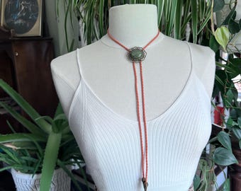 Funky Green Stone Statement Bolo Necklace Yall'ternative Western Wear on Faux Retro 70s Orange Braided Cord