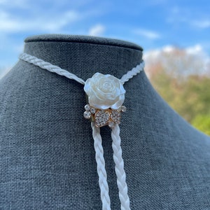 Bolo Tie Necklace Western Wedding Formal Jewelry White Vegan Braided Cord with Large Flower Gem Design Unisex Mens Womens Yall&#39;ternative