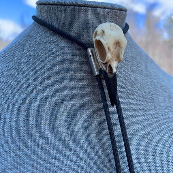 Raven Bird Skull Bolo Tie Necklace Black Cord  Metal Tips Rockabilly Goth Punk Retro Unisex Jewelry Witchy Wedding Gothic