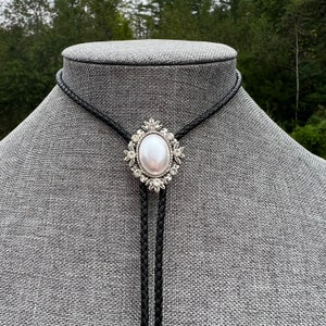 Braided Leather Rhinestone and  Faux Pearl Antiqued Silver Bolo Tie Necklace Formal Wedding Jewelry Unisex Yall&#39;ternative
