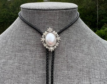 Braided Leather Rhinestone and  Faux Pearl Antiqued Silver Bolo Tie Necklace Formal Wedding Jewelry Unisex Yall&#39;ternative