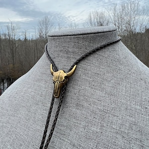 Longhorn Steer Texas Cow Skull Classic Southwest Bolo Tie Necklace Real Braided Leather Americana Yall&#39;ternative