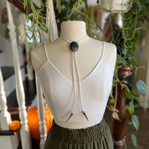 White Leather Golden Rope Rimmed Indian Stone Statement Bolo Tie Necklace