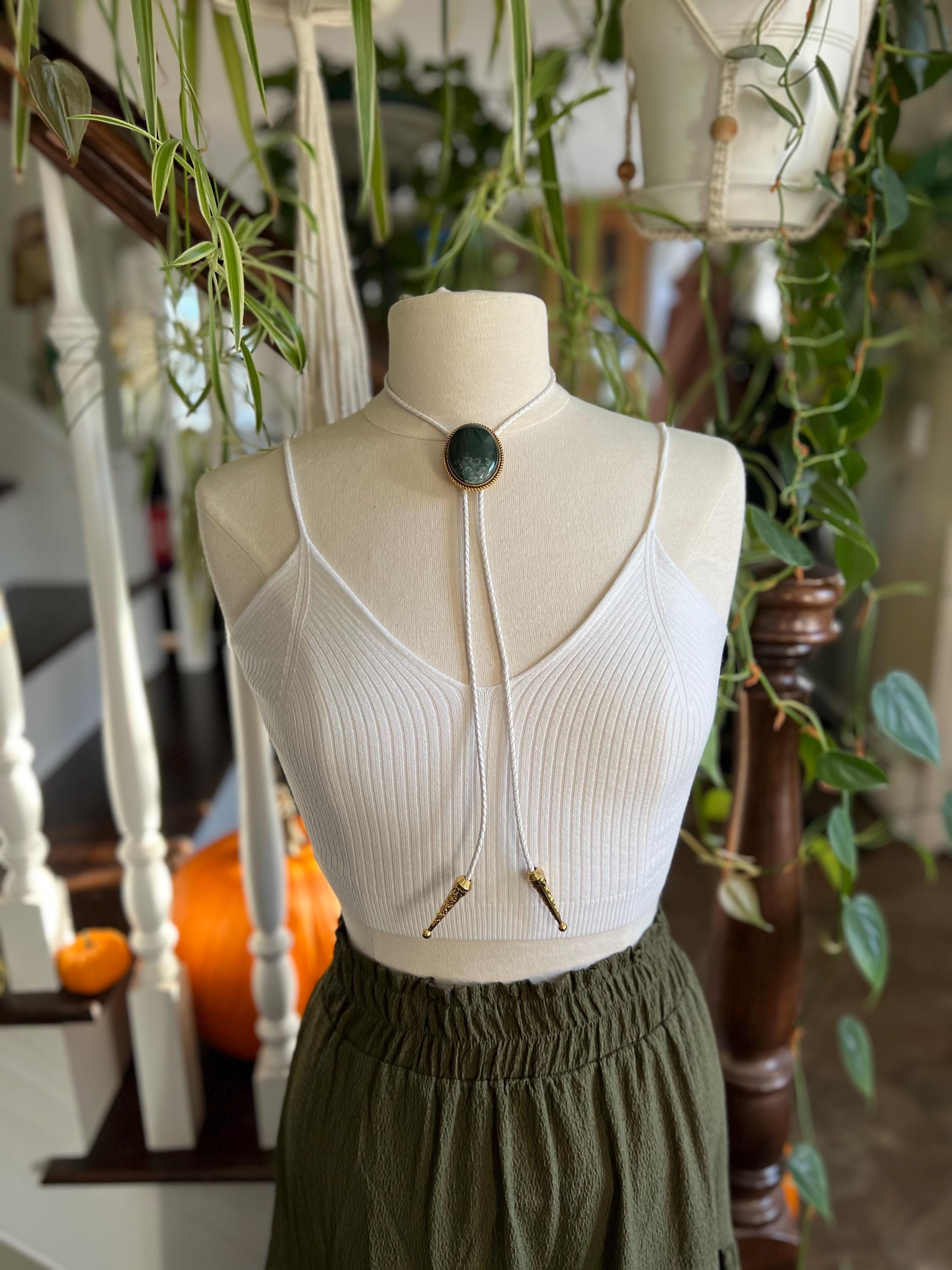 White Leather Golden Rope Rimmed Indian Stone Statement Bolo Tie Necklace