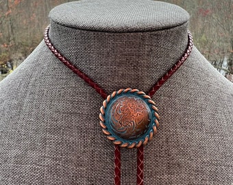 Patina Copper Concho Bolo Tie Necklace Yall'ternative Americana Burgundy Maroon Braided Leather