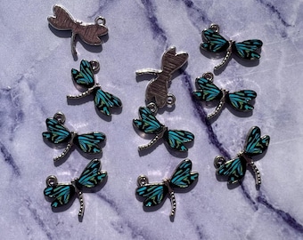 10pc Dragonfly Charms Blue Gold Small pendants