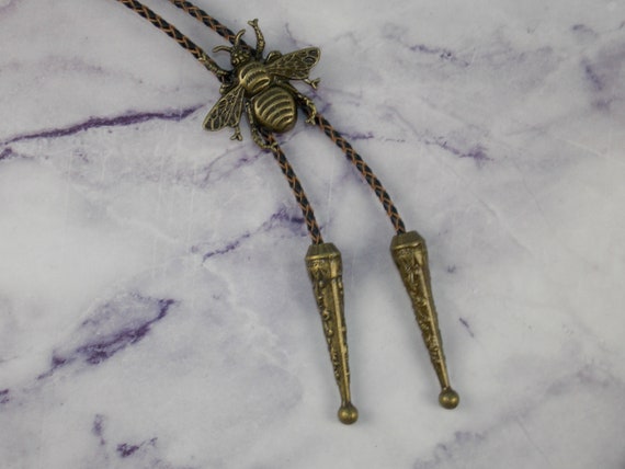 Bumble Bee Bolo Neck Tie Cord Options Leather and Vegan Alternatives with Southwest Unisex Pride Jewelry Insect Bug Bronze Color