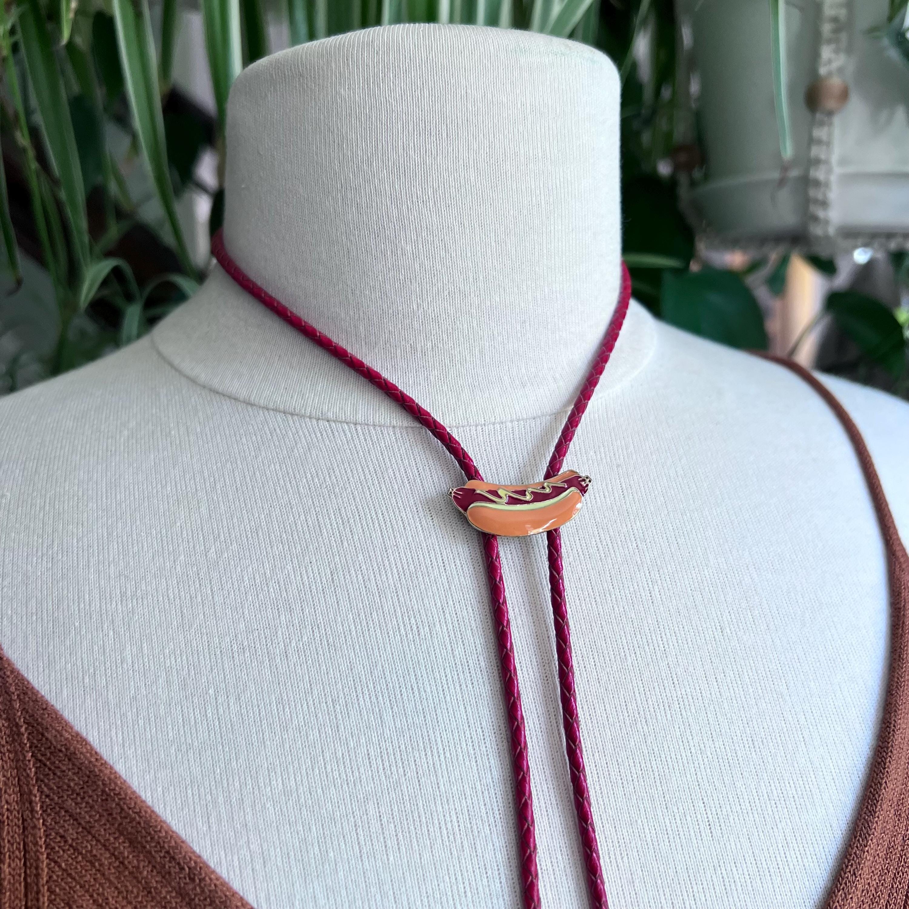 Hot Dog Bolo Tie Handmade Yall'ternative Necklace Jewelry Kitch Camp Unique Red Braided Leather