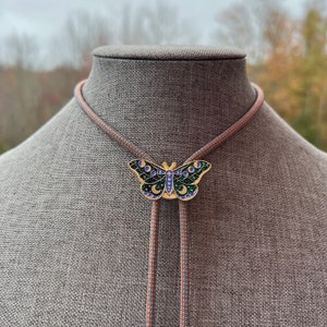 Celestial Moth Bolo Tie Necklace Color Metal Triple Moon Glittery Enamel on Gold Color Metals with unique color shift rope image 5