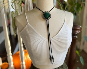 Lovely Huge Green Agate Stone Statement Bolo Necklace Yall'ternative Western Wear on Black Braided Leather