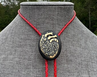 Be Still My Rockabilly Heart Bolo Tie Yall'ternative Glam Anatomical Creepy on Red Braided Leather