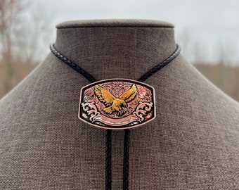 Eagle Huge Statement Piece Gold on Silver Southwest Bolo Necklace Black Braided Leather Americana Yall'ternative