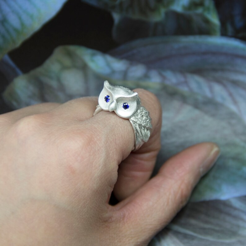 Silver Owl Ring Sapphires Eyed Owl Ring in Sterling Silver Etsy
