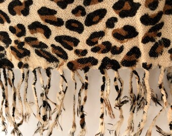 Leopard Print Long Scarf with Fringes