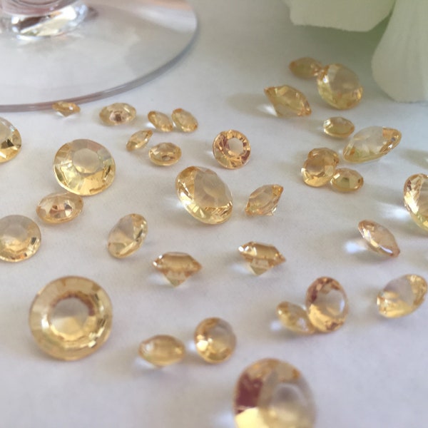 Honey Gold Diamond Confetti-3 sizes-5.5mm (1/5 inch), 7mm (1/4 inch) & 10mm (2/5 inch) Wedding decorations, Vase Filler, acrylic diamonds
