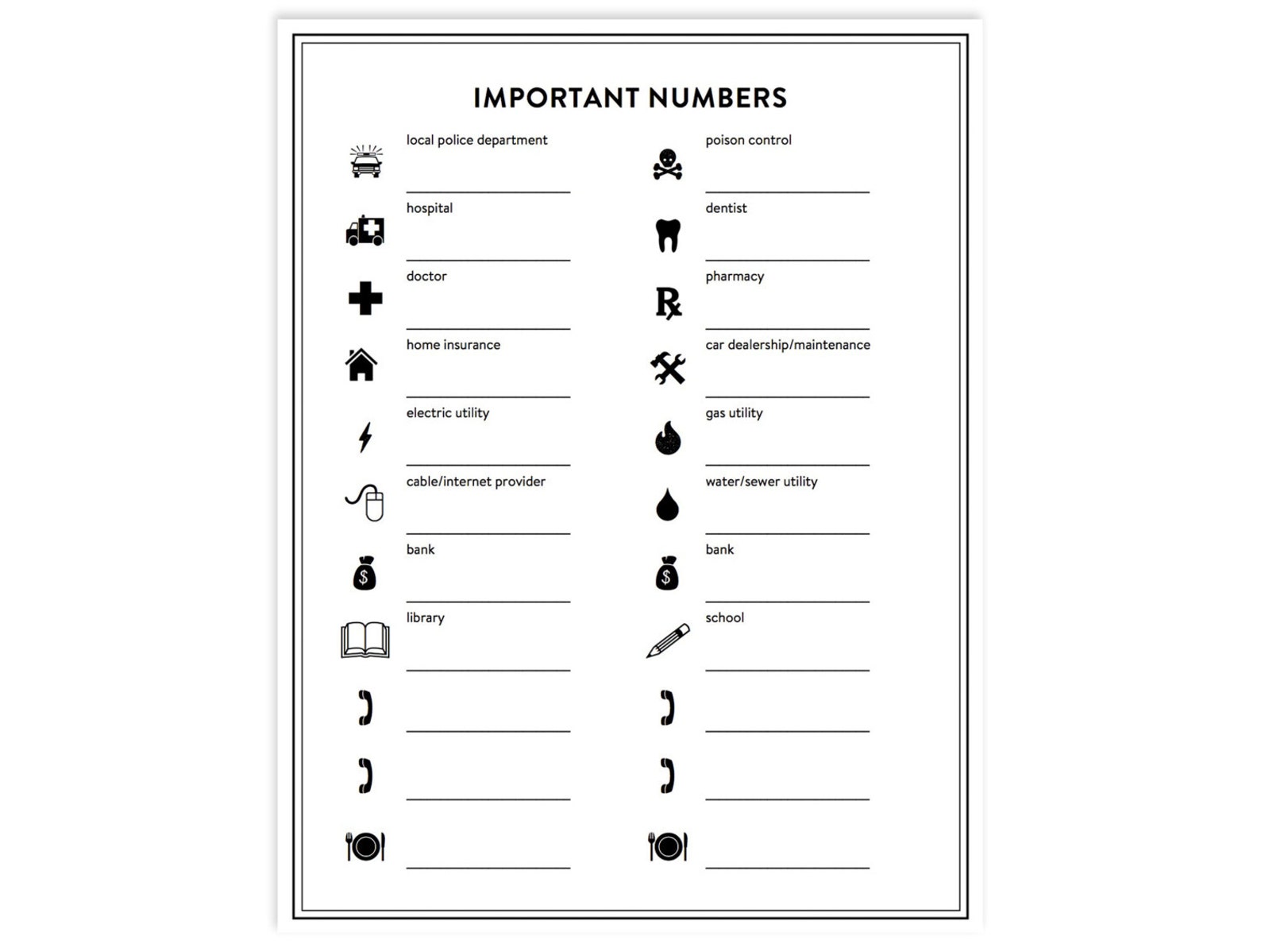  Important Phone Numbers Printable INSTANT DOWNLOAD Etsy