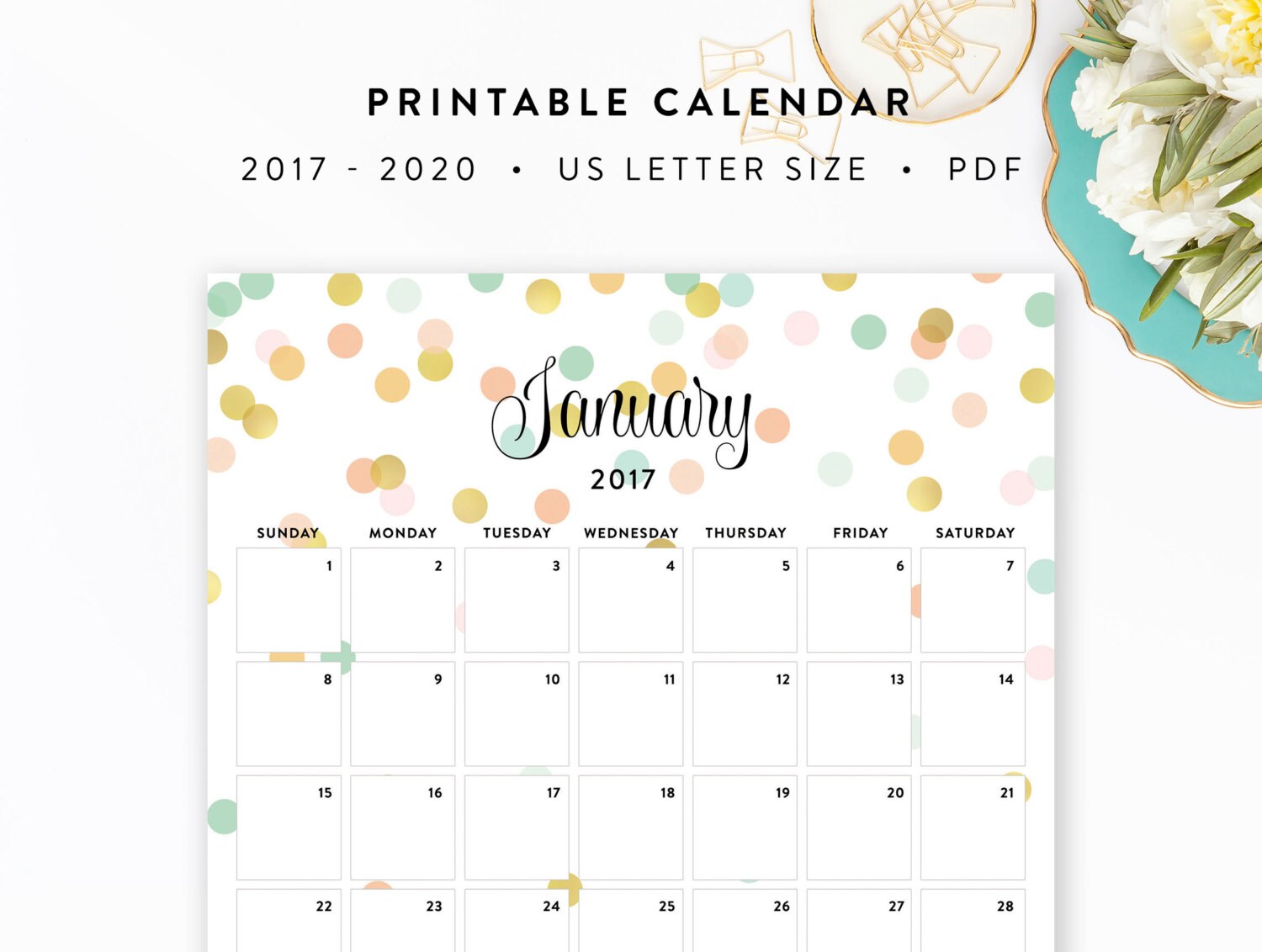 17 Printable Calendar Mint Pink And Gold Confetti Etsy