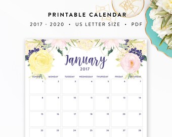 2017 - 2020 Printable Calendar - Floral Watercolor - Letter Size - INSTANT DOWNLOAD