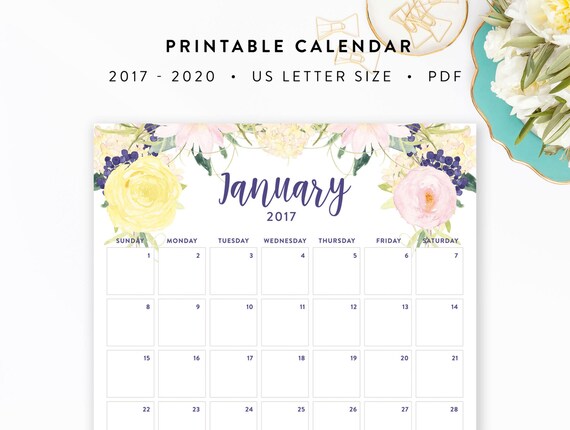 2017 2020 Printable Calendar Floral Watercolor Letter