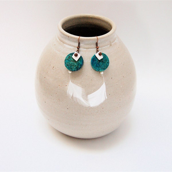 Blue Dyed Wine Cork, White Shell, Freshwater Pearl & Feather Earrings