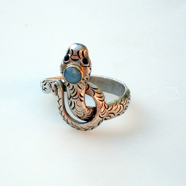 RESERVED ///    Art Deco Sterling SIlver Snake RIng with Opal
