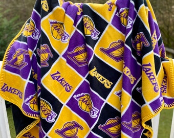 LAKERS Large Double Sided Fleece Blanket with Crocheted Edging / Purple Gold Black / NBA