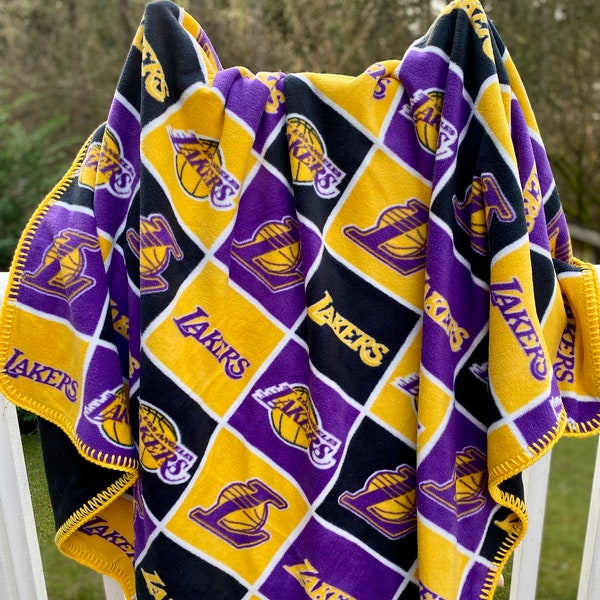 LAKERS Large Double Sided Fleece Blanket with Crocheted Edging / Purple Gold Black / NBA