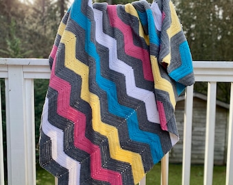 Chevron Grey Oversized Throw Blanket with Pops of Bright Color / Chevron Afghan / Neon / 90s