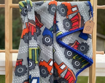 Toddler Truck Blanket with Crochet Edging / Single  Fleece / Child Snuggle Blanket / Construction Truck Blanket