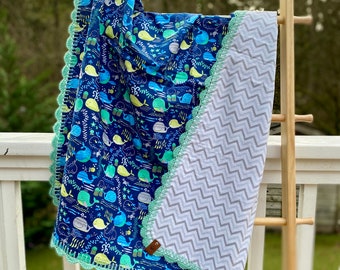 Whales Gender Neutral Reversible Baby Blanket with Crocheted Edging / Teal Blue Grey Baby Blanket