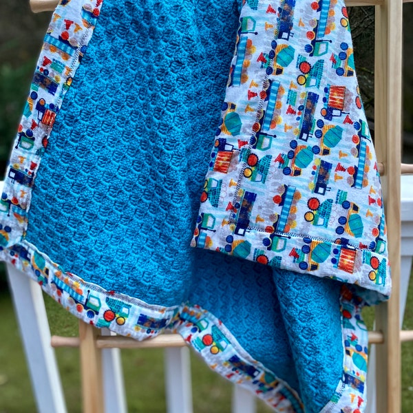 Construction Trucks Reversible Crochet Baby Blanket with Fabric Backing / Reversible Crocheted Baby Blanket / Toddler Blanket