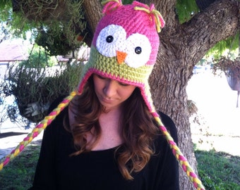 Adult Sized Brightly Colored Owl Hat with Earflaps / Owl Beanie