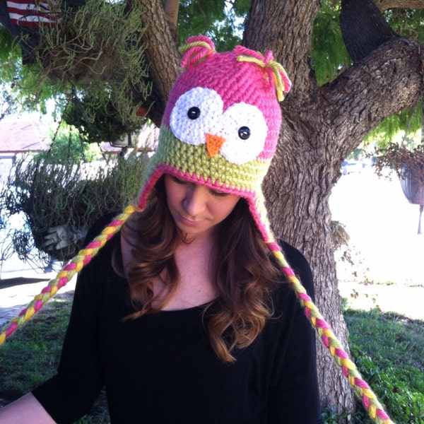 Adult Sized Brightly Colored Owl Hat with Earflaps / Owl Beanie