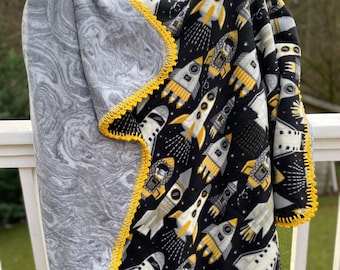 Rocket Double Fleece Blanket with Crochet Edging / Space Blanket / Toddler / Child