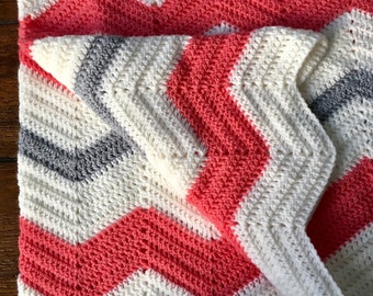 Coral White and Grey Chevron Crochet Baby Blanket