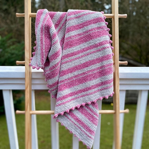 Crushed Velvet Pink & Grey Striped Baby Blanket with Pom Pom Border / Crochet Baby Blanket / Velvet Variegated Stripes Blanket / Toddler