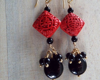 RED and BLACK GEMSTONE Earrings, Black Onyx and Red Cinnabar Oriental Style earrings, Black Gemstone Cluster earrings byLaurieB
