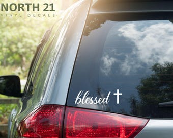 Blessed Decal, Rearview Mirror Decal, Blessed Car Decal, Religious Car Decal, Car Sticker with Cross, Christian Car Sticker, Vehicle Decal