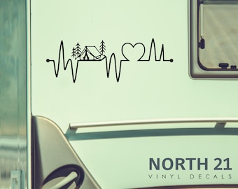 May include: Black and white vinyl decal of a heart beat with a tent and trees in the middle. The decal says "NORTH 21 VINYL DECALS" at the bottom.