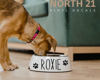 Plato de comida para perros o gatos personalizado, calcomanía para cuenco de comida para mascotas, calcomanía para plato de comida para perros o gatos, calcomanía para cuenco para mascotas con nombre y huella de pata, calcomanía para cuenco con nombre de mascota