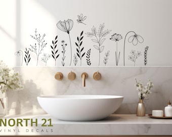 Wildflowers Boho Wall Decal, Bathroom Wall Decal, Nursery Flower Wall Decal, Dragonfly Wall Decal with Boho Flowers, Family Room Wall Decor