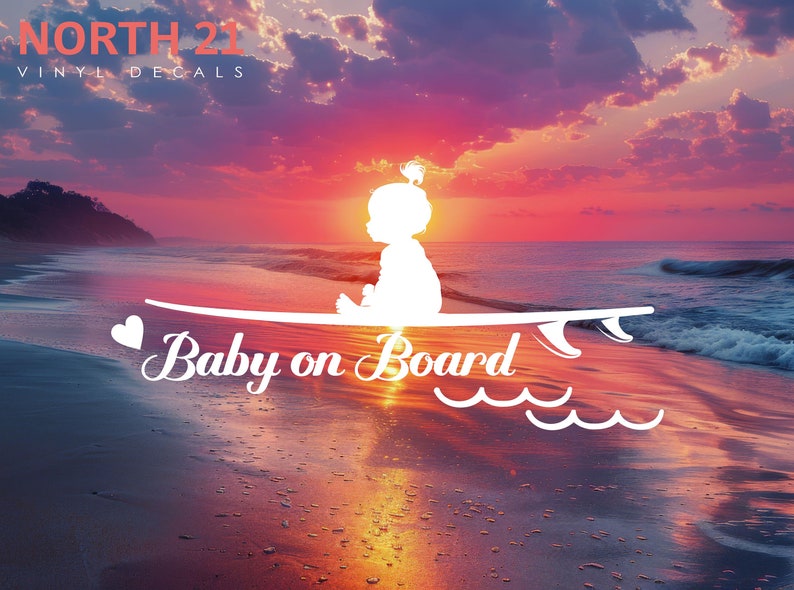 May include: White vinyl decal with a silhouette of a baby sitting on a surfboard with the text "Baby on Board" and a heart and waves.