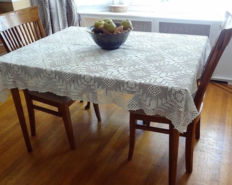 Hand Crocheted White Tablecover, Hand Made Filet Crochet Rectangle Cotton Tablecloth,, 60" x 52"