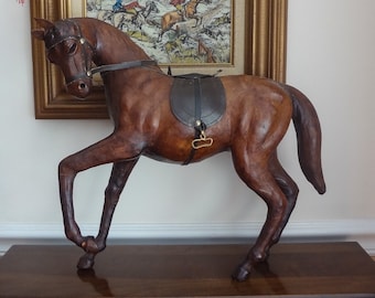 Leather Covered Horse Figure. Made In France. Cheval de Selle Francais, French Saddlehorse, Equestrian Art, Equine Decor, Mid Century Horse