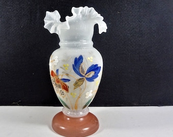 Antique Victorian Hand Blown Bristol Glass Vase with Crimped Ruffle  and Pink Base,  Hand Painted Pink and Blue Enamel Flowers, 8 Inches