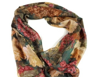 Sheer Polyester Vintage Scarf,  Floral Scarf on  Gray/Green Background, Flower Garden Scarf, 60" x 14"