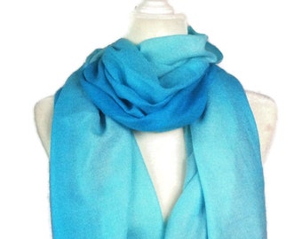 Large Pashmina Scarf or Wrap, Shawl in Two Shades of Light Blue, Wool and Silk Fringed Scarf, 69 x 28 Inches,