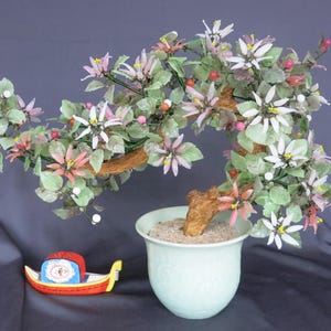 Vintage Asian Jade Bonsai Tree Sculpture:  Pink and Whjte Art Glass Blossoms, 20" x 14".