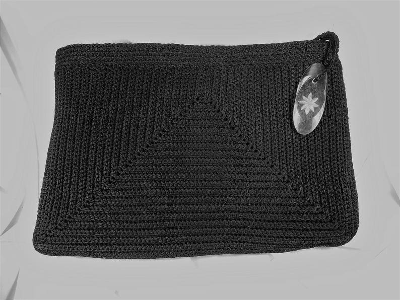 crocheted clutch, black handbag, crochet purse, lucite zipper pull, black evening bag, large clutch bag, crochet pocketbook, 1940's image 2