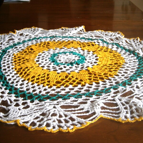Vintage Hand Crocheted Large Round Doily / Table Topper / Centerpiece / White, Green, Yellow / Cotton